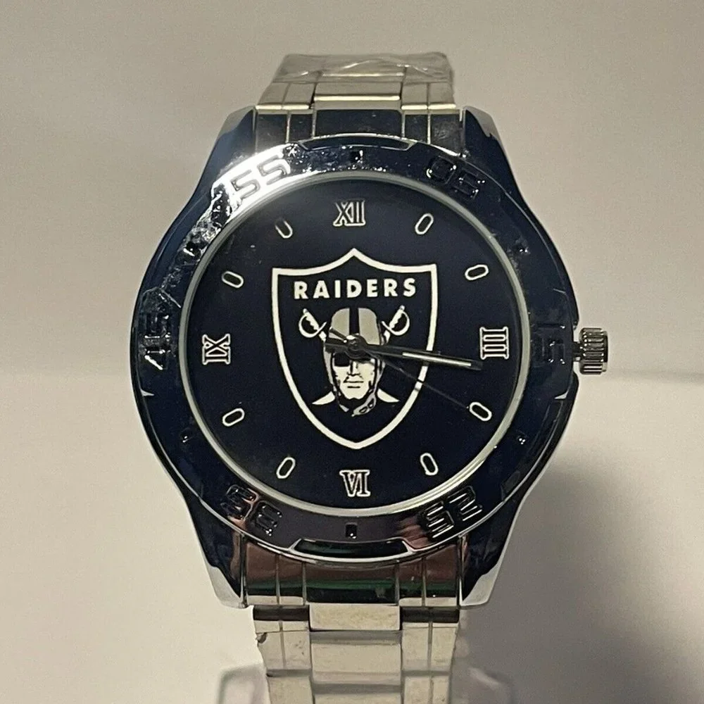 Oakland Raiders NFL Team Logo Stainless-Steel Link Silver Men's Watch NEW